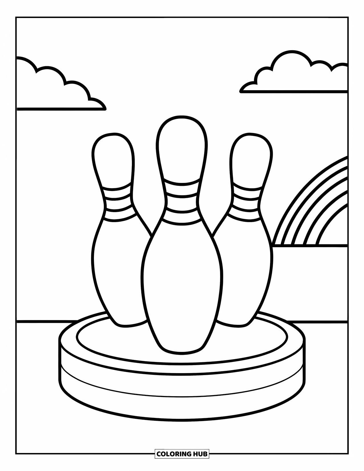 Bowling Coloring Page for Kids: A set of three pins on a platform under a rainbow sky