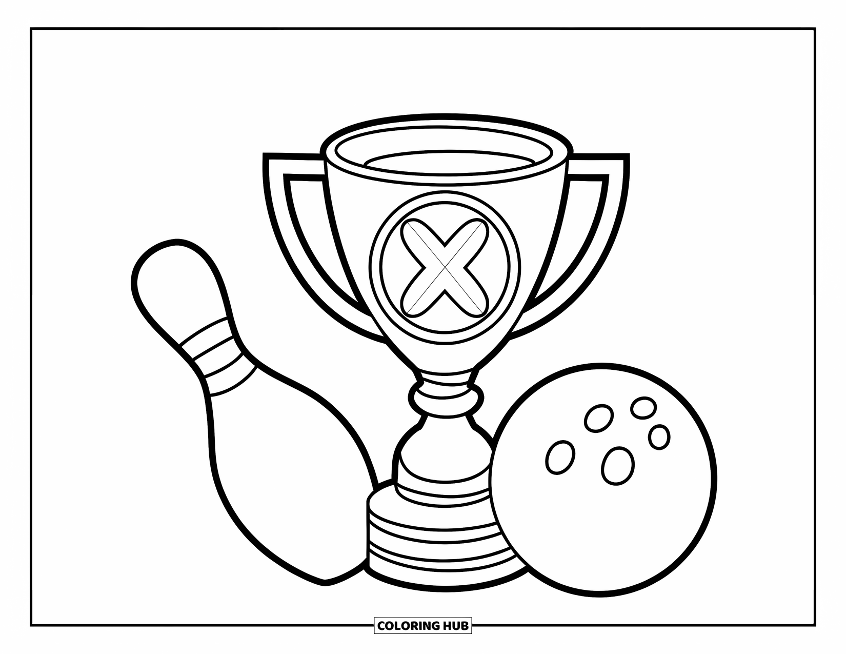 Bowling Coloring Page for Kids: A shiny trophy and bowling pin beside a grooved ball