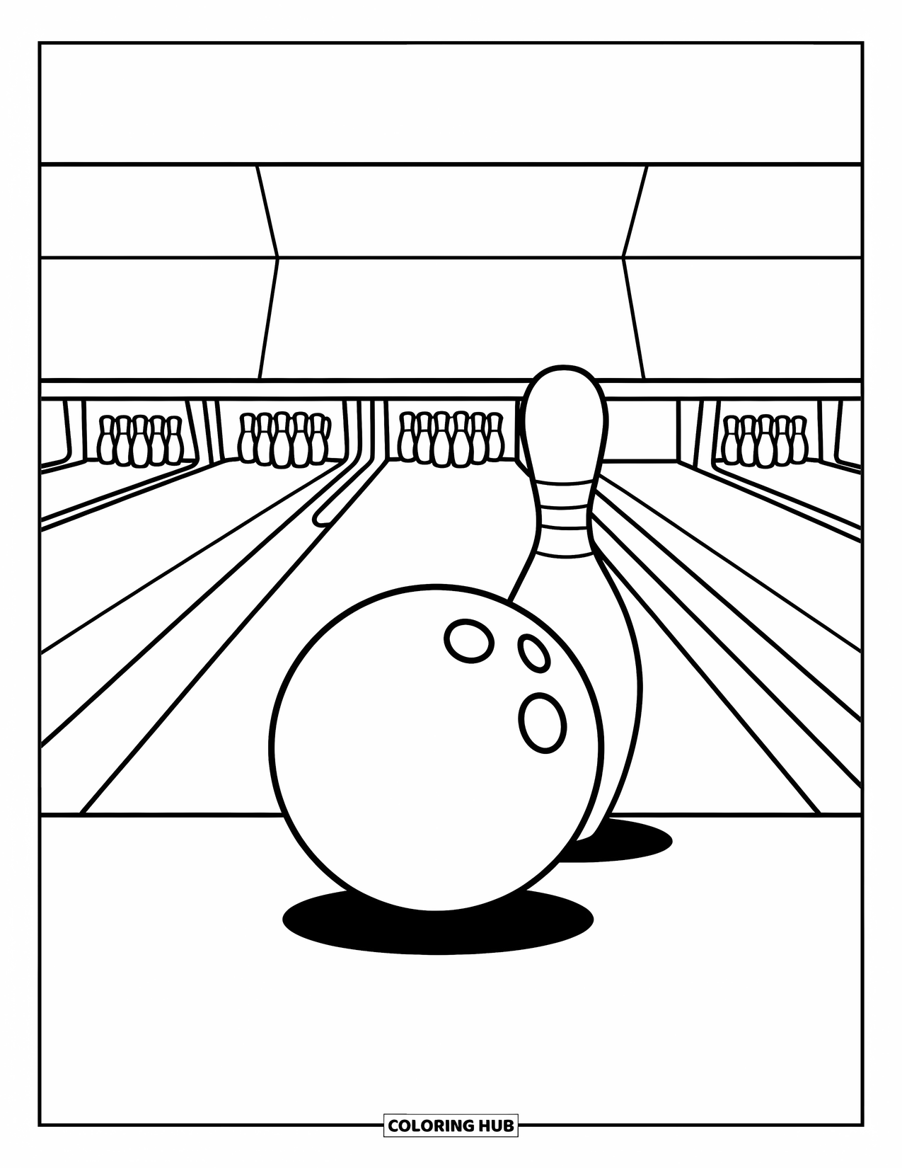 Bowling Coloring Page for Kids: A single bowling pin standing as a ball rolls toward it