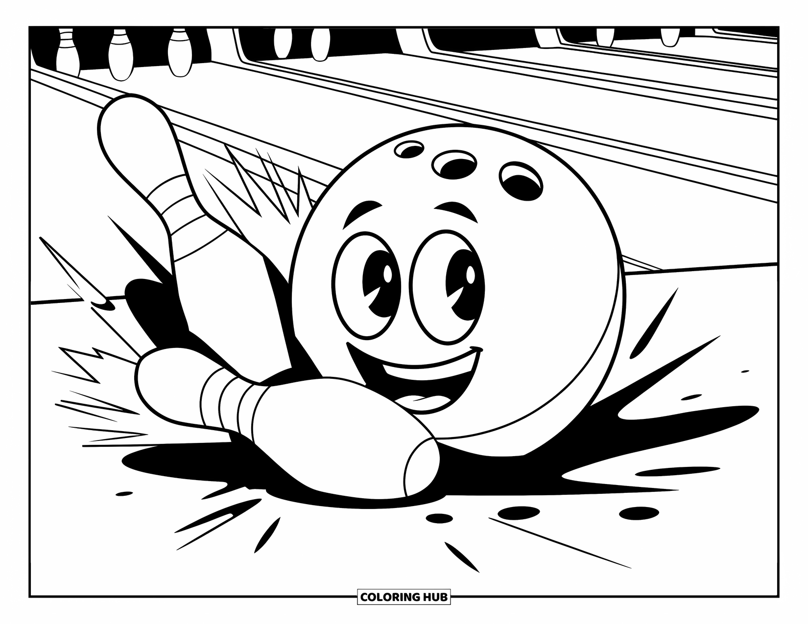 Bowling Coloring Page for Kids: A smiling bowling ball knocking over a single flying pin