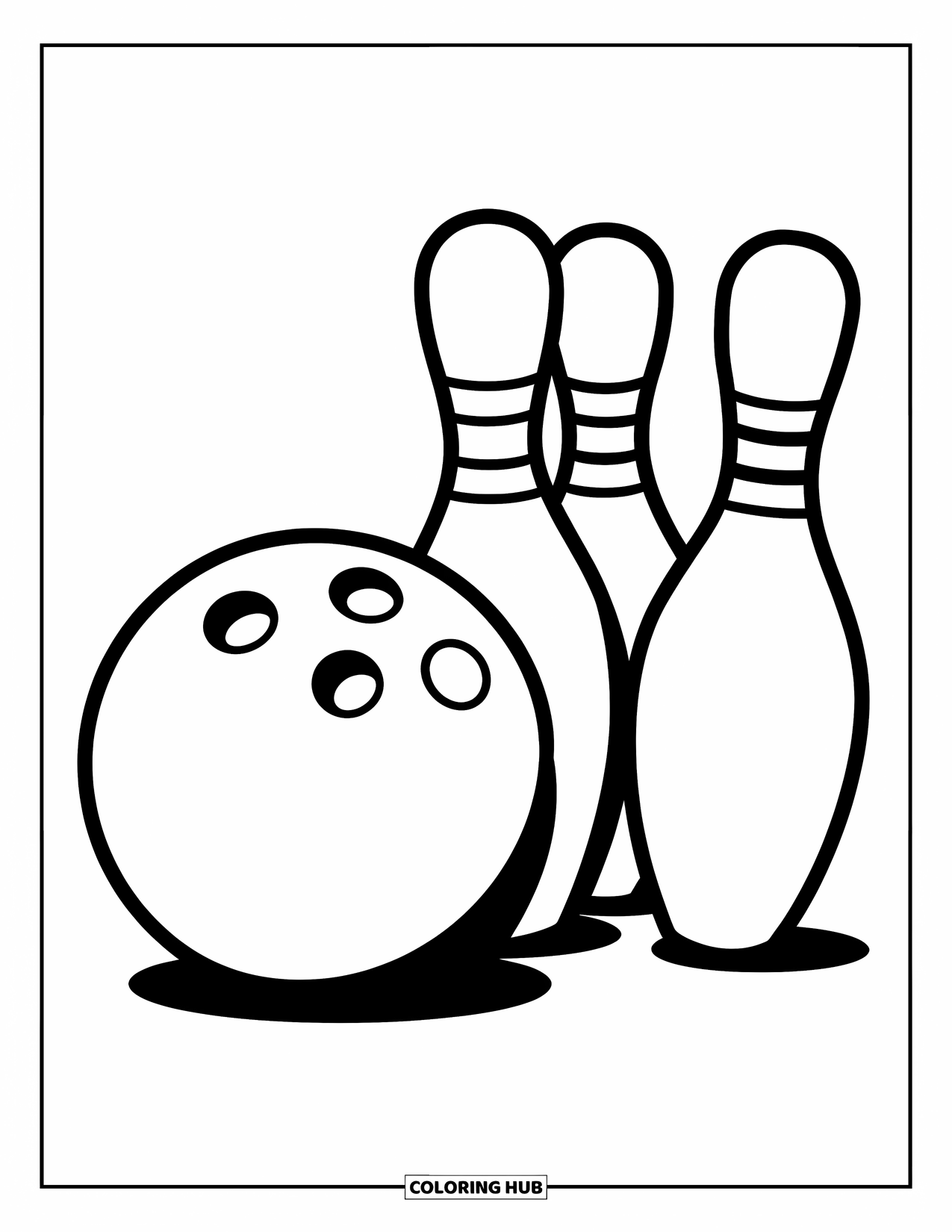 Bowling Coloring Page for Kids: A textured bowling ball beside three slender, tapered pins