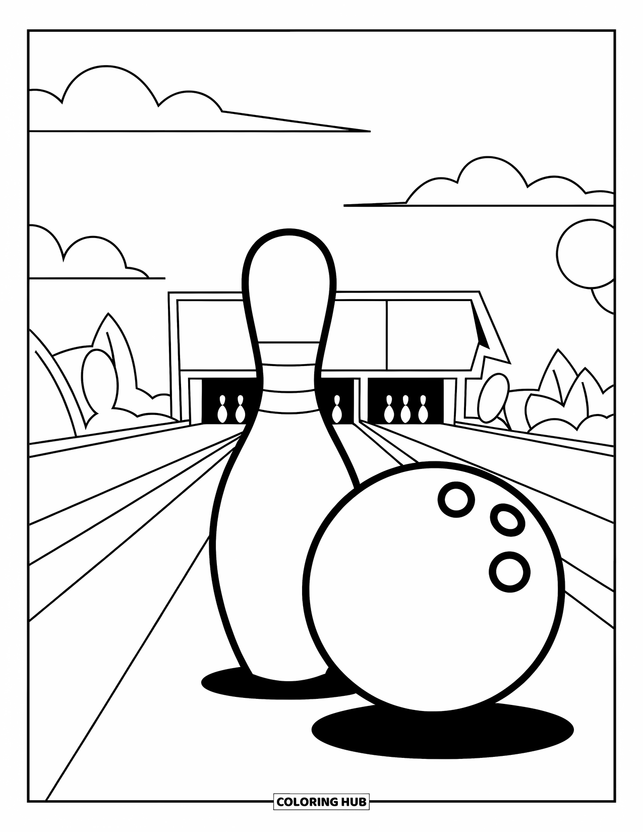 Bowling Coloring Page for Kids: One pin and a rolling ball beneath a sky of clouds and trees