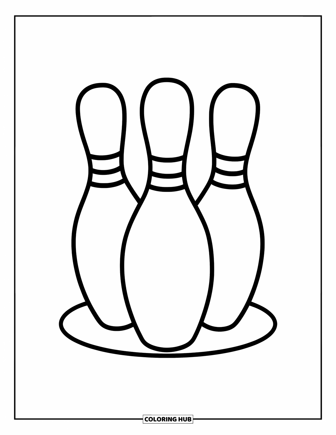 Bowling Coloring Page for Kids: Three bowling pins arranged in a neat triangle on a platform