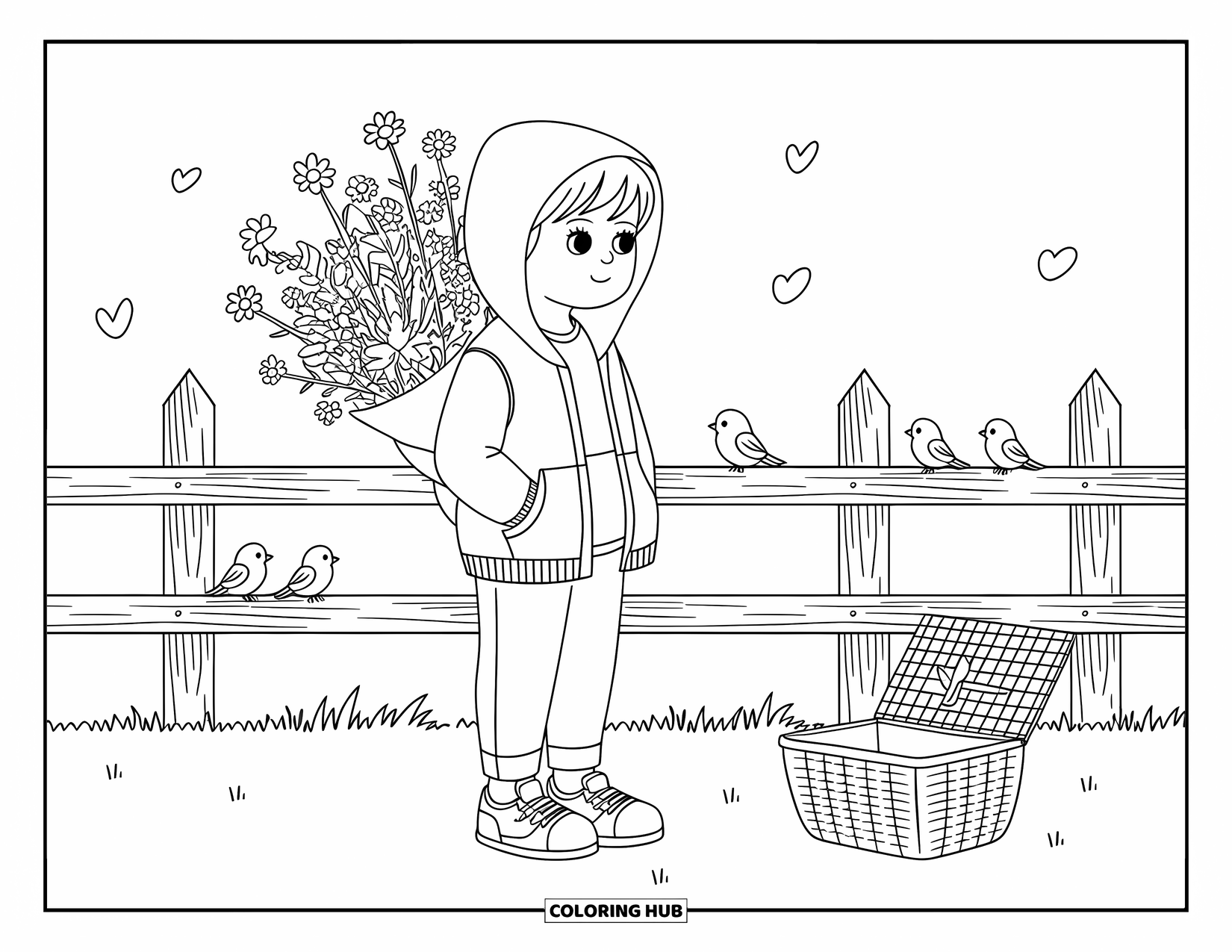 Boyfriend Coloring Page for Adults: A boy hides wildflowers behind his back on a sunny park path