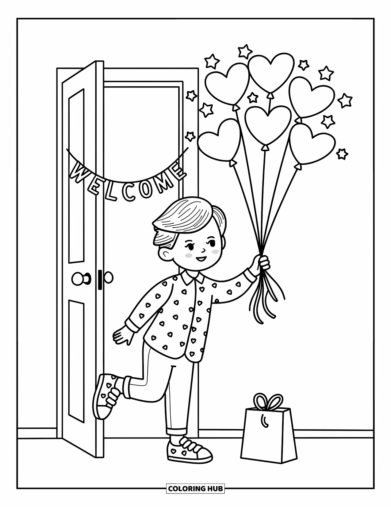 Boyfriend Coloring Page for Adults: A boy peeks from a doorway holding heart and star balloons