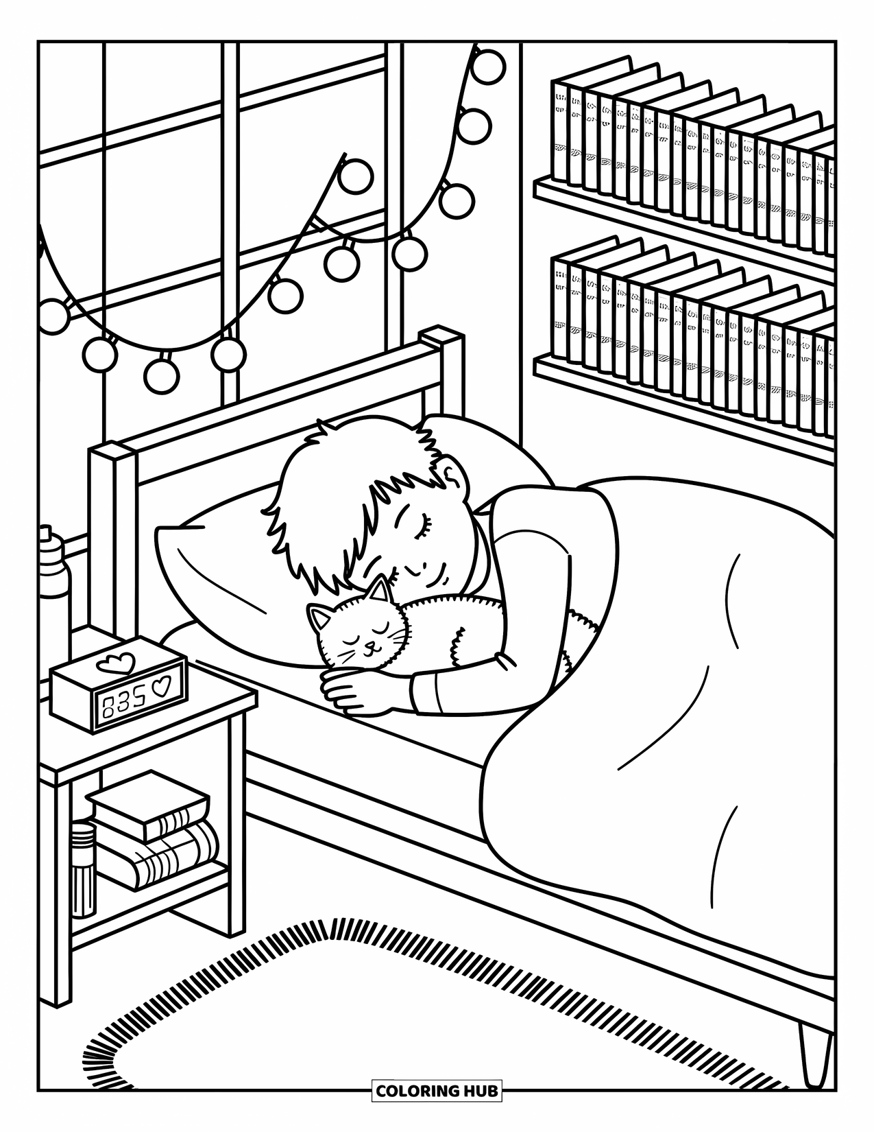 Boyfriend Coloring Page for Adults: A boy sleeps soundly on a futon with a cat curled up
