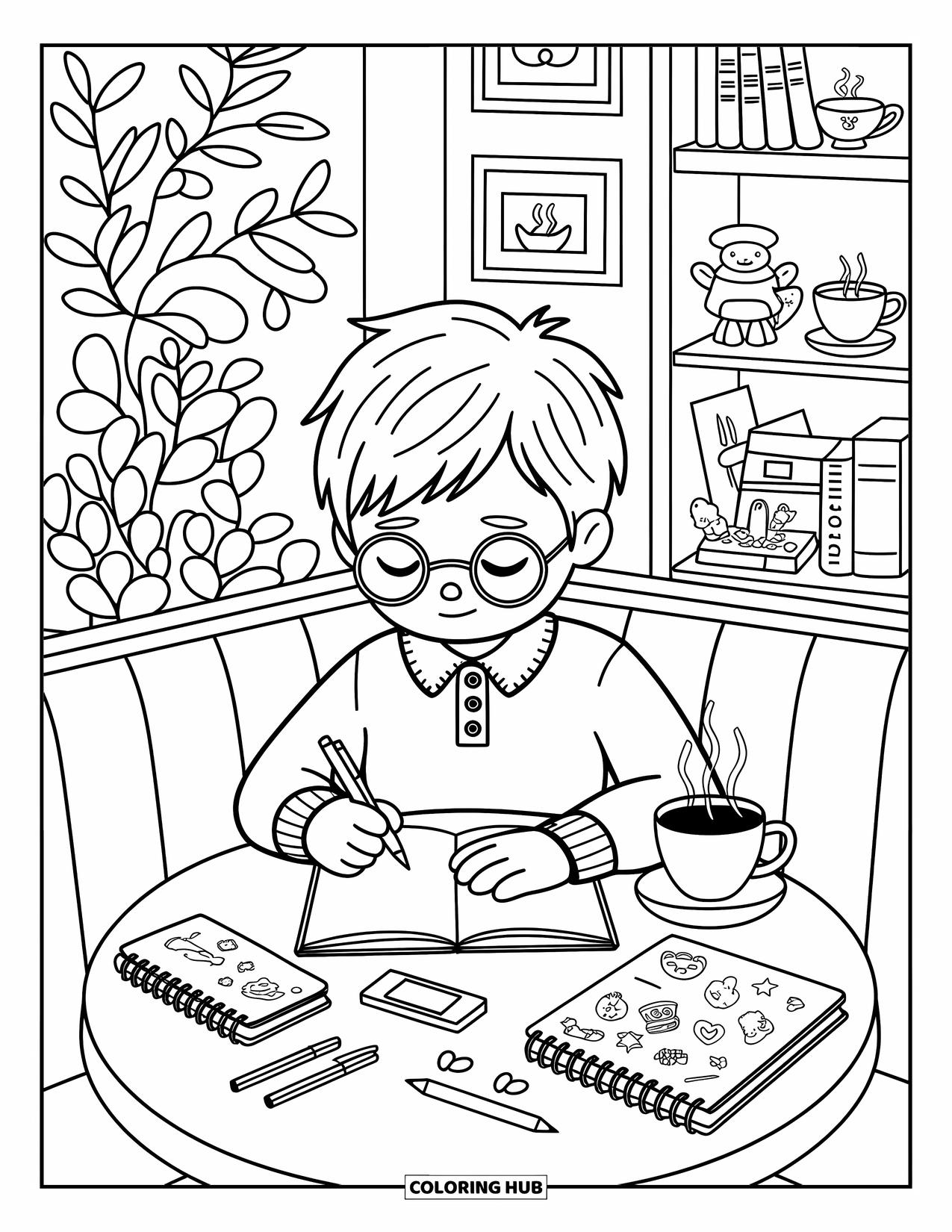 Boyfriend Coloring Page for Adults: A boy writes in a cozy cafÈ filled with plants and warm light