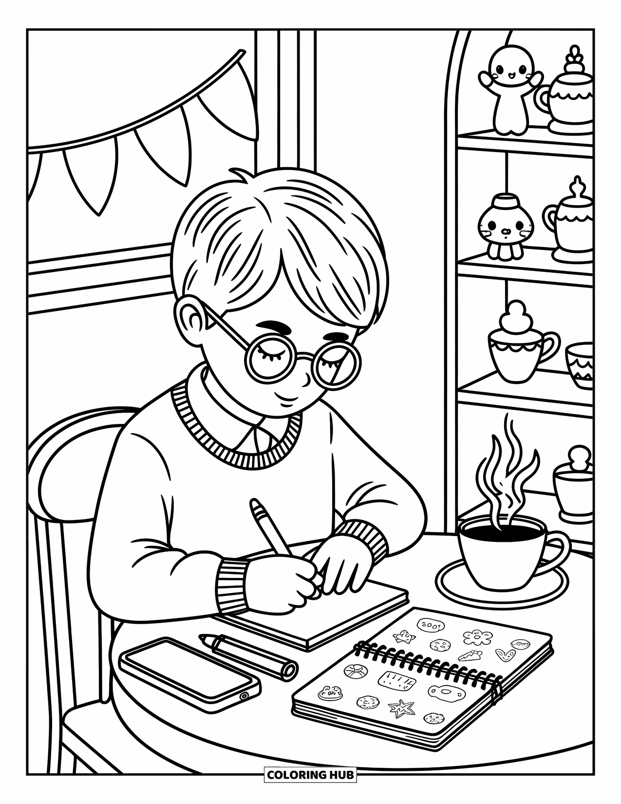 Boyfriend Coloring Page for Adults: A boy writes in his notebook at a cafÈ with cocoa nearby