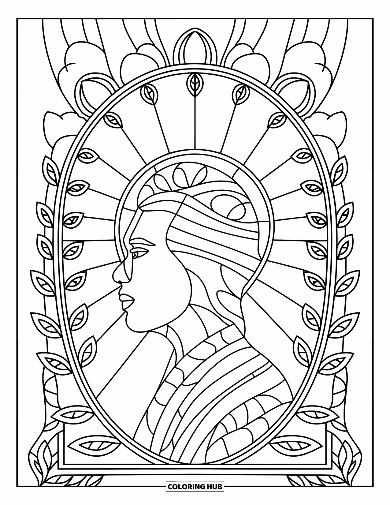 Boyfriend Coloring Page for Adults: A boyfriend's face in profile rests within leaf and glass patterns