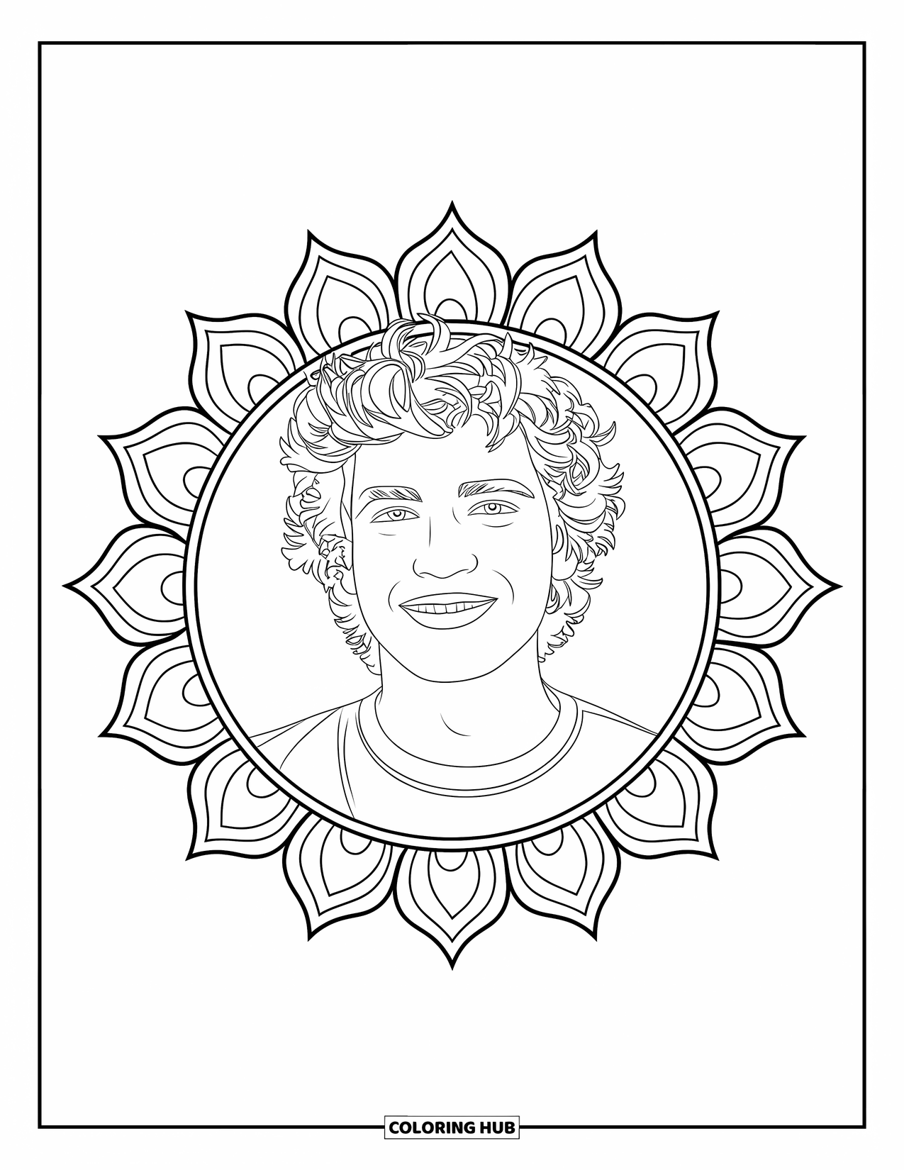 Boyfriend Coloring Page for Adults: A curly-haired boyfriend smiles inside a detailed lotus mandala