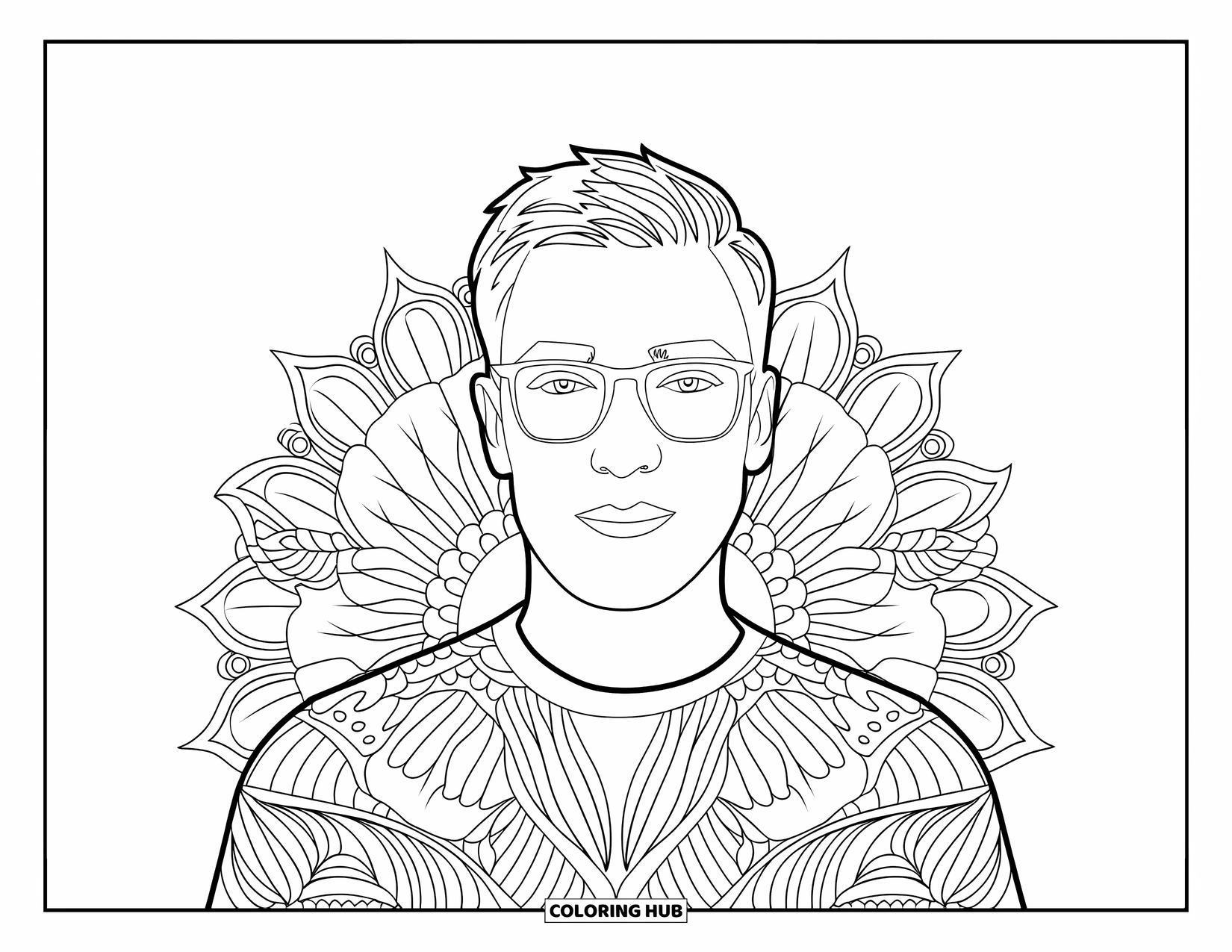 Boyfriend Coloring Page for Adults: A gentle boyfriend with glasses is surrounded by peony flowers