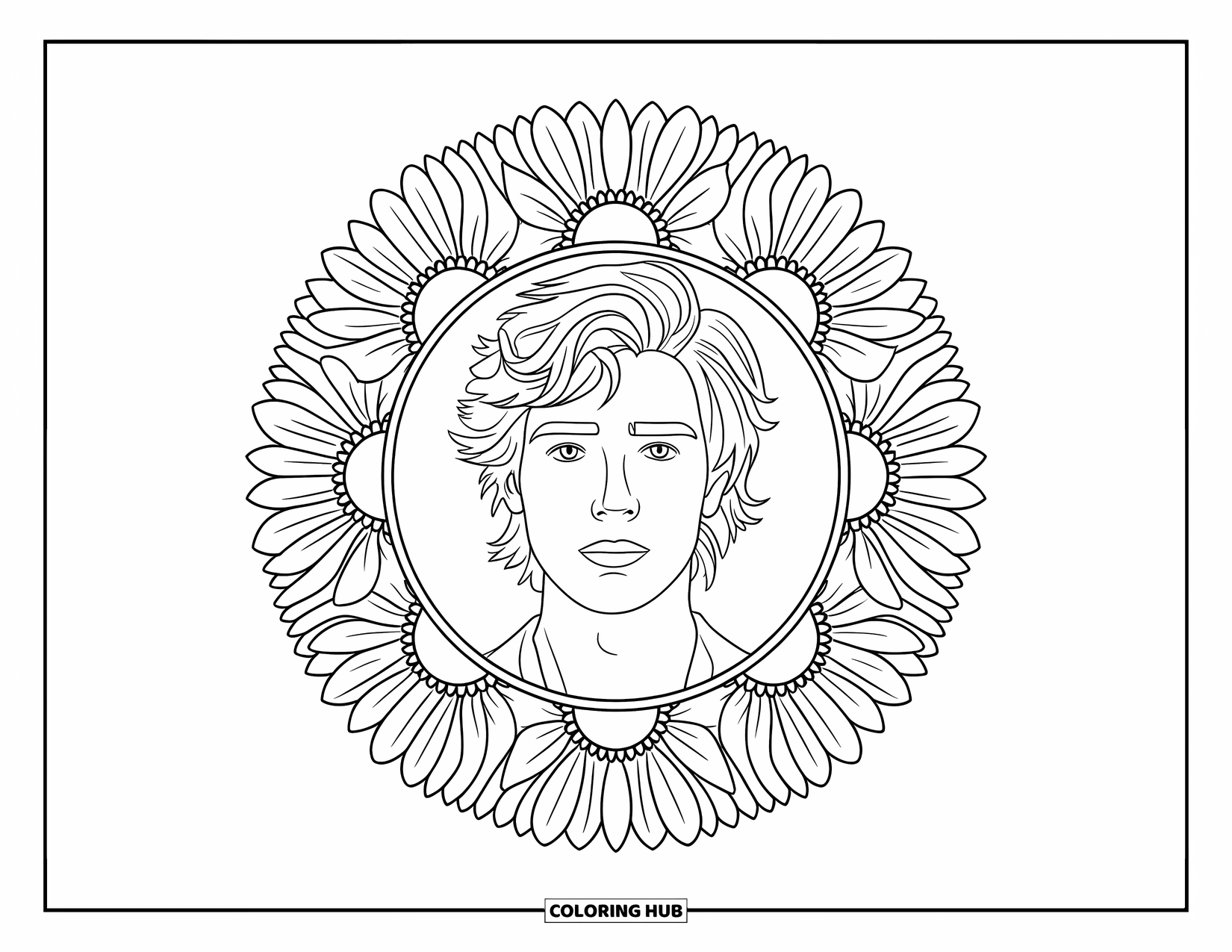 Boyfriend Coloring Page for Adults: A romantic boyfriend with wavy hair is framed by sunflower petals