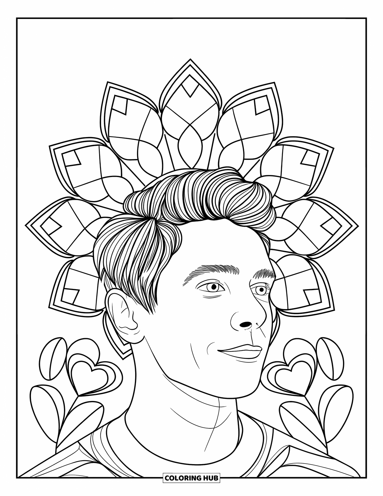 Boyfriend Coloring Page for Adults: A thoughtful boyfriend is framed with hearts and glass petal shapes