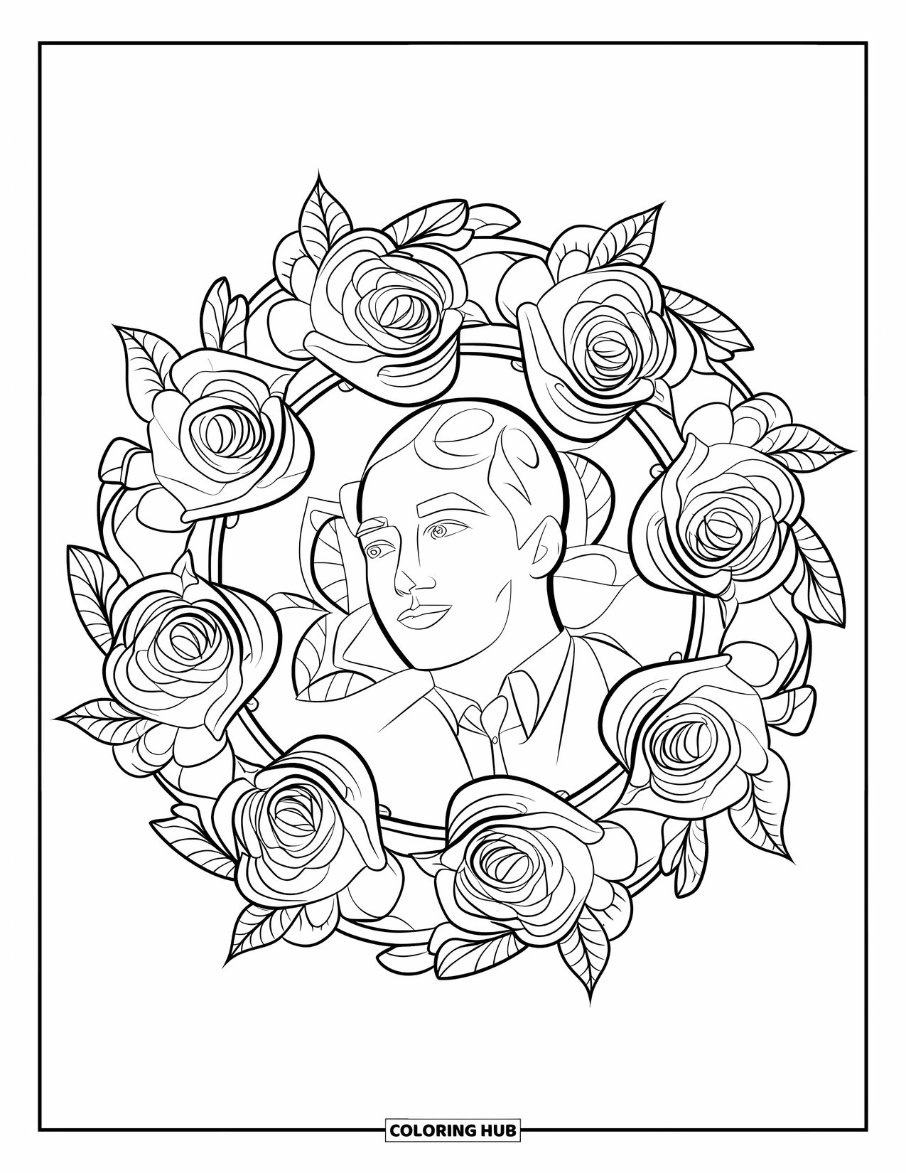 Boyfriend Coloring Page for Adults: Botanical roses and ivy wrap gently around a sweet boyfriend's face