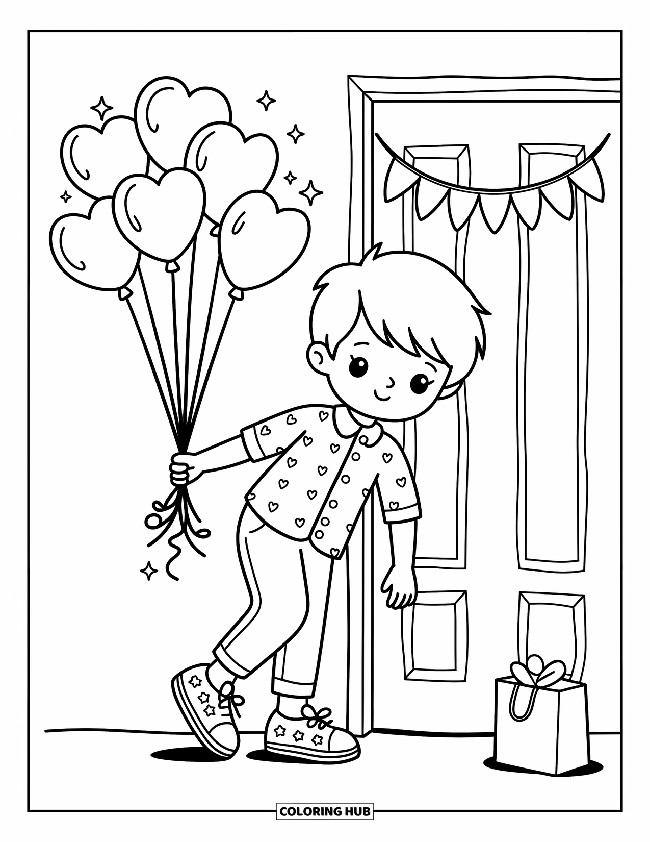 Boyfriend Coloring Page for Adults: He hides with balloons and a gift under a welcome banner