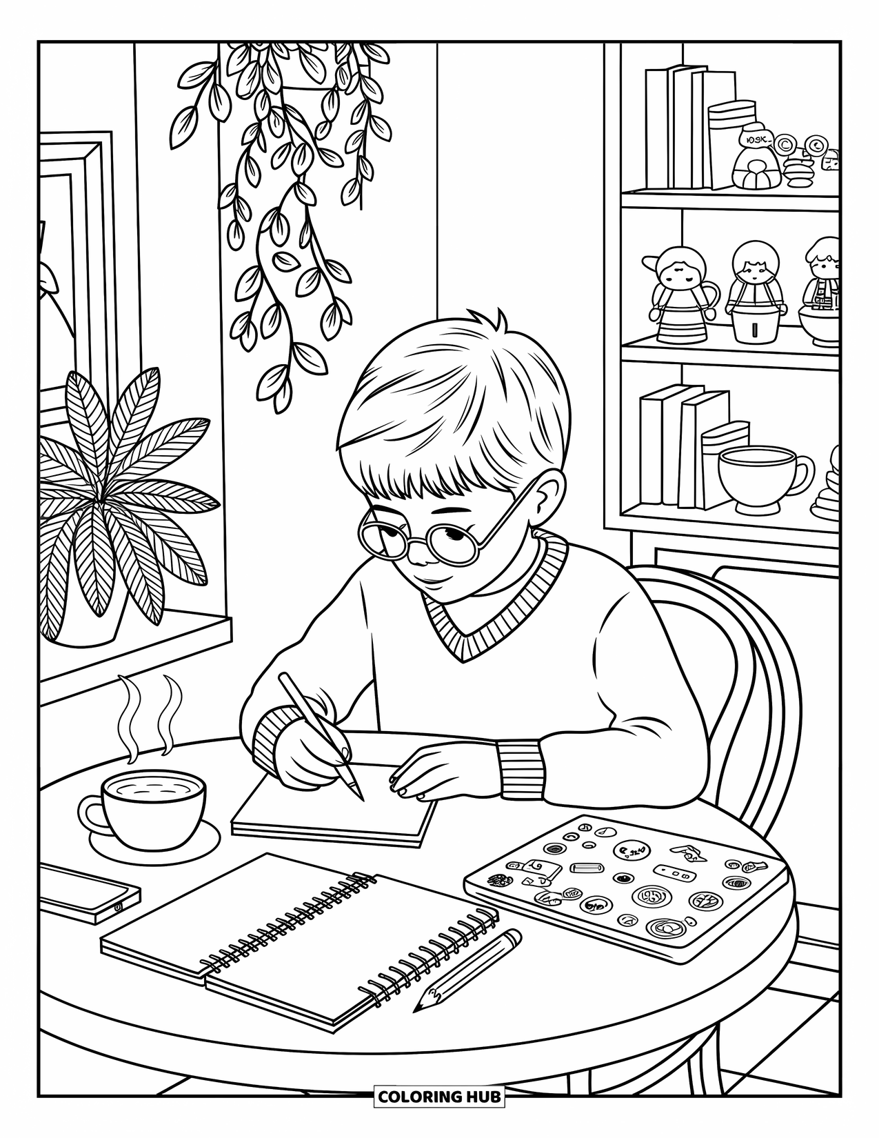 Boyfriend Coloring Page for Adults: He jots notes with cocoa and plants in a cozy cafÈ