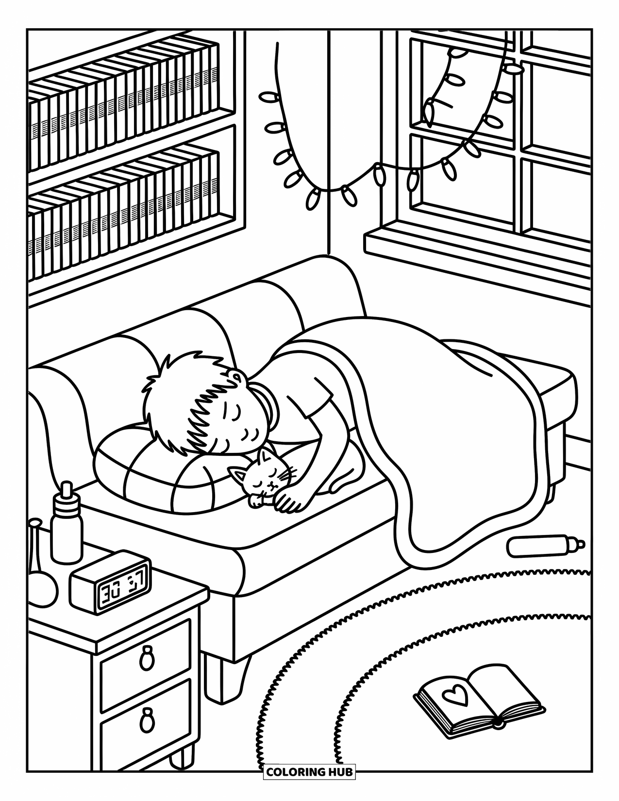 Boyfriend Coloring Page for Adults: He sleeps with a cat beside shelves of manga and soft rugs