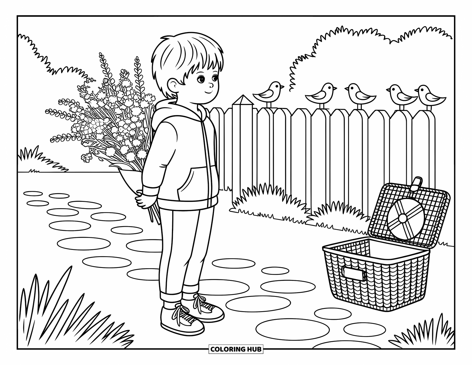 Boyfriend Coloring Page for Adults: He waits with flowers and birds on a cobblestone park path
