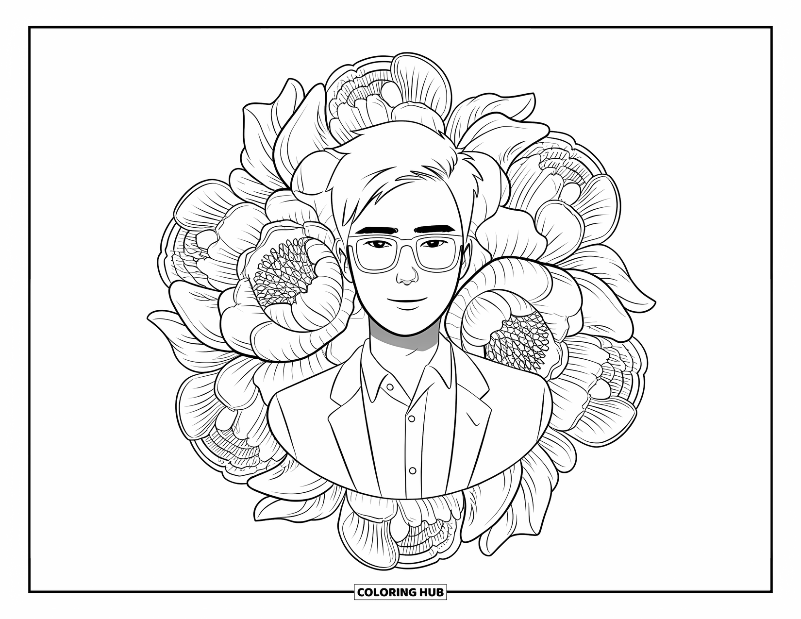 Boyfriend Coloring Page for Adults: He wears a suit and glasses, framed by blooming peonies