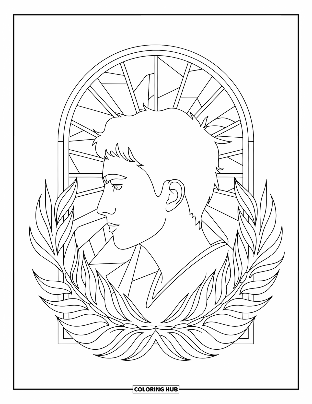Boyfriend Coloring Page for Adults: Stained glass and soft leaves frame his calm profile silhouette