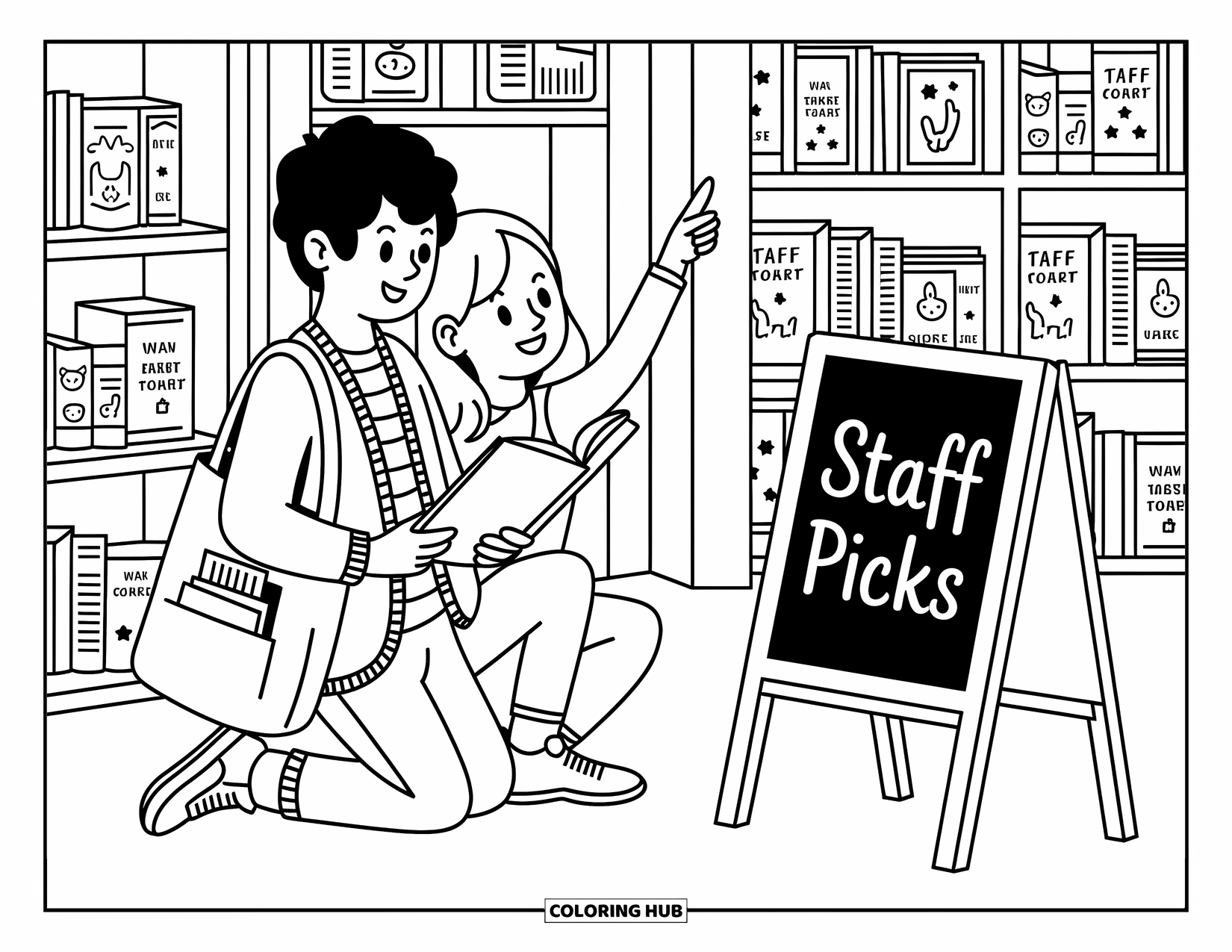 Boyfriend Coloring Page for Adults: They explore a tiny bookstore full of stars, plants, and playful covers