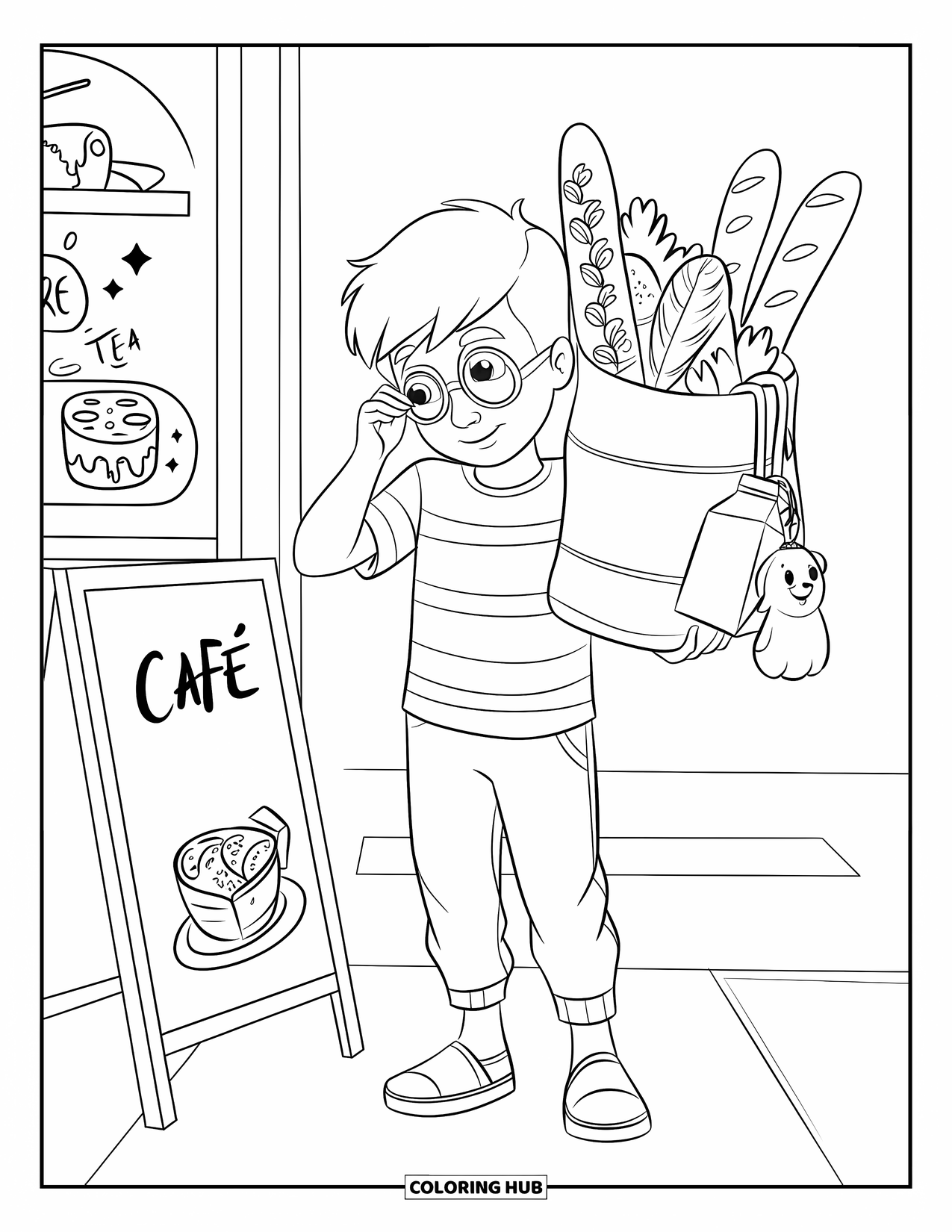 Boyfriend Coloring Page for Kids: A boy balances groceries and pushes up his glasses outside a local store