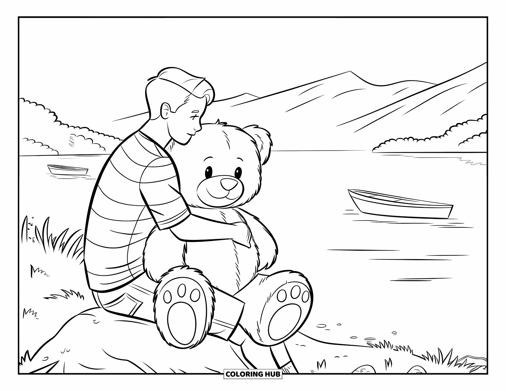 Boyfriend Coloring Page for Kids: A boy on a rock hugs a teddy bear beside a peaceful lake