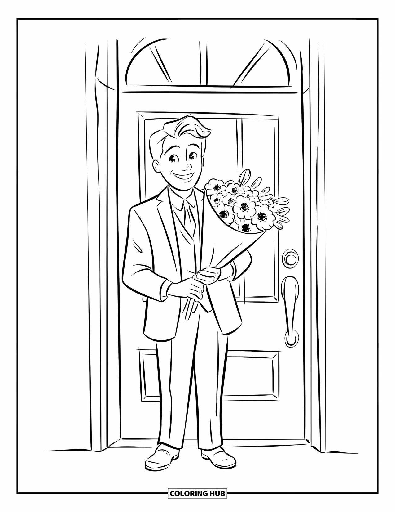 Boyfriend Coloring Page for Kids: A cheerful boy stands at the doorstep holding a bright bouquet
