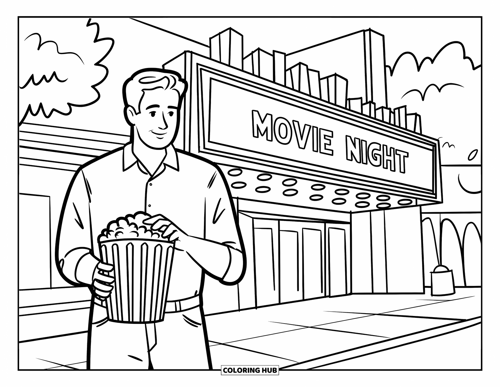 Boyfriend Coloring Page for Kids: A happy teen stands at the theater with popcorn in hand