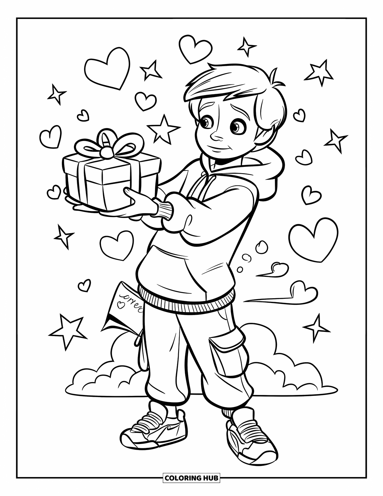 Boyfriend Coloring Page for Kids: A shy boy offers a heart-shaped gift, nervous and sweet
