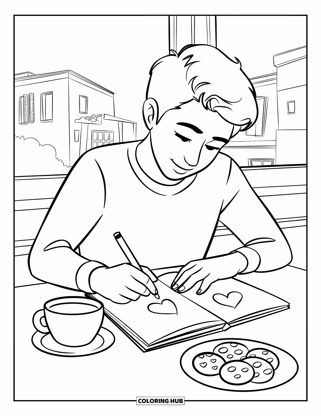 Boyfriend Coloring Page for Kids: At a cozy café, he sketches hearts in his notebook