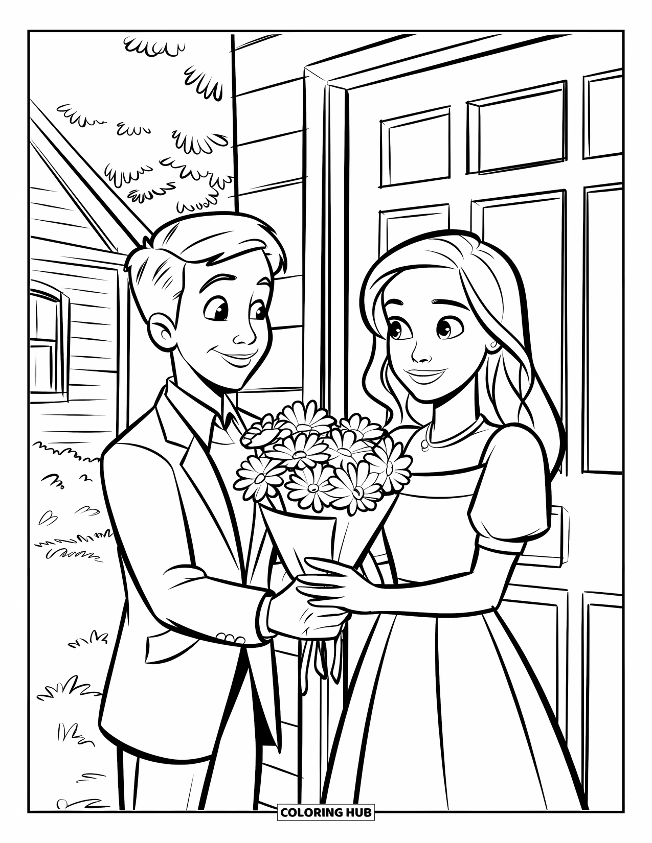 Boyfriend Coloring Page for Kids: At the door, he offers flowers with a glowing smile