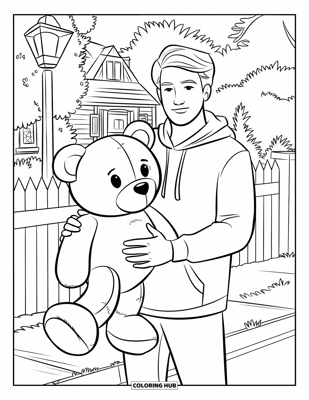 Boyfriend Coloring Page for Kids: He brings a smiling teddy bear outside a cheerful little house