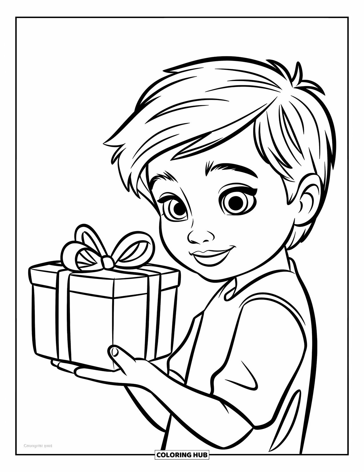 Boyfriend Coloring Page for Kids: He smiles with a present in hand and trees behind him