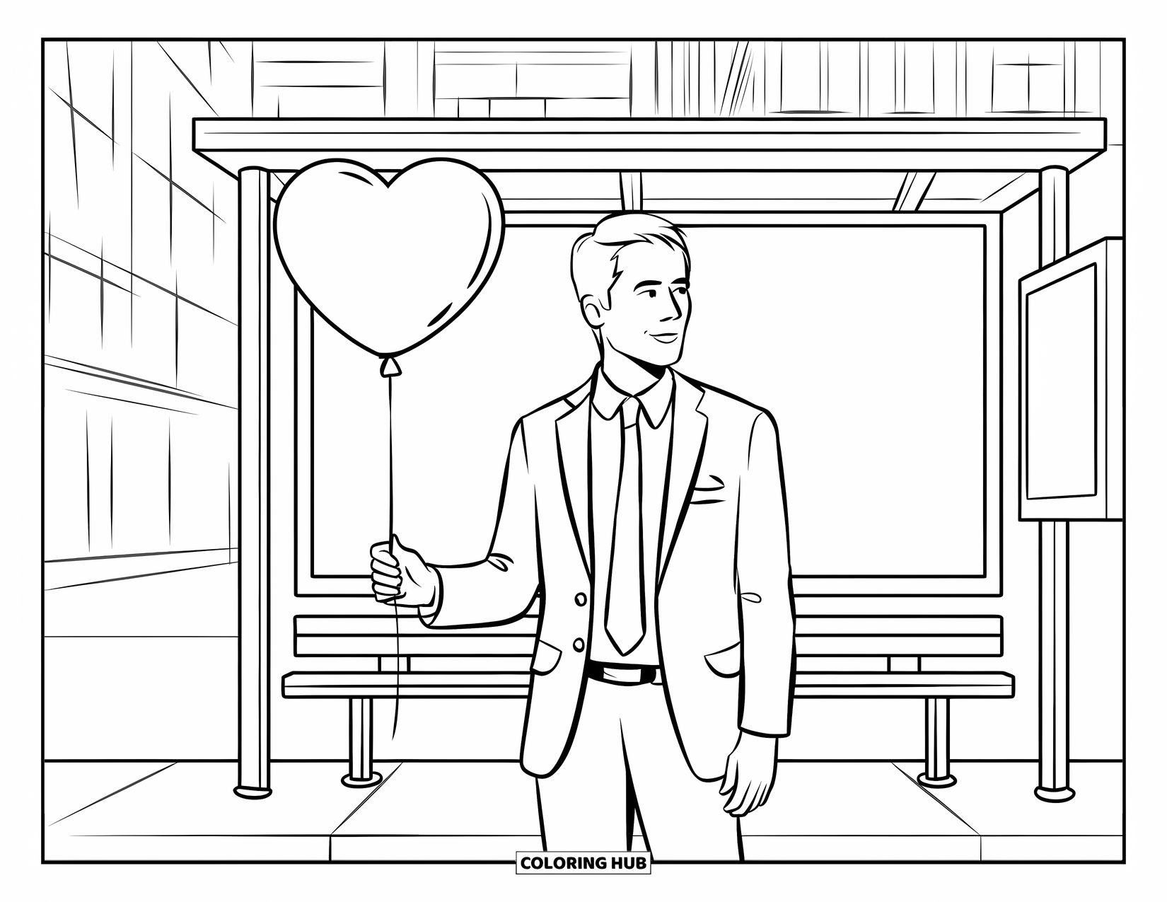 Boyfriend Coloring Page for Kids: He stands waiting with a balloon and a thoughtful expression