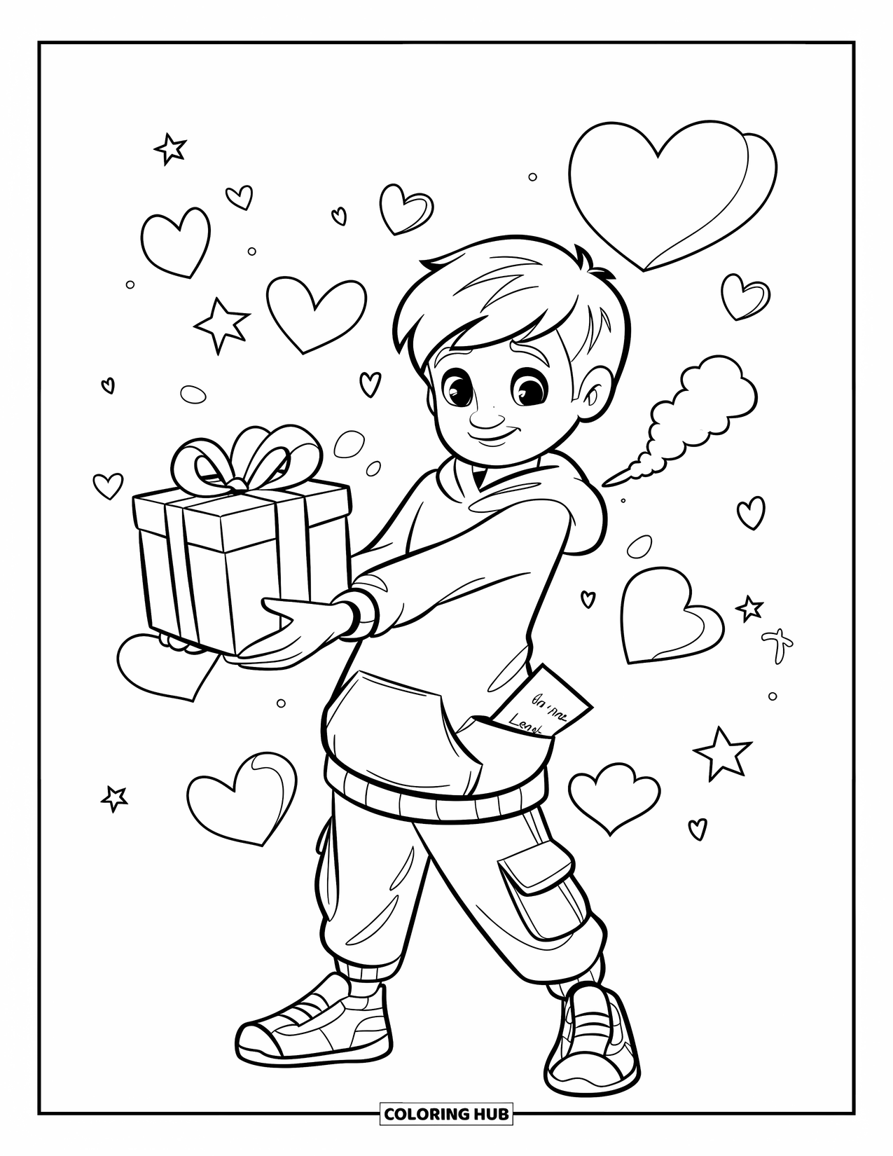 Boyfriend Coloring Page for Kids: He stretches out a gift box, love letter peeking from his pocket