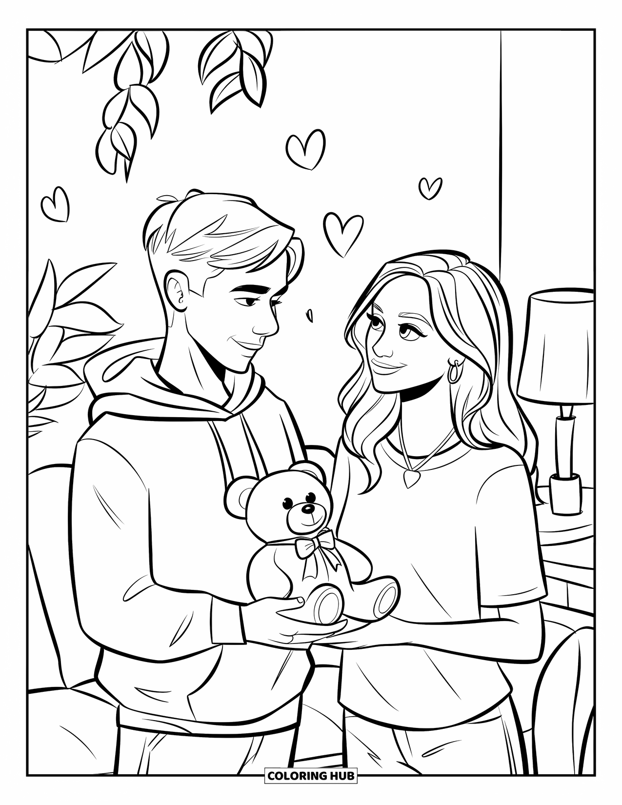 Boyfriend Coloring Page for Kids: In a living room, he gives a plush bear with hearts around them