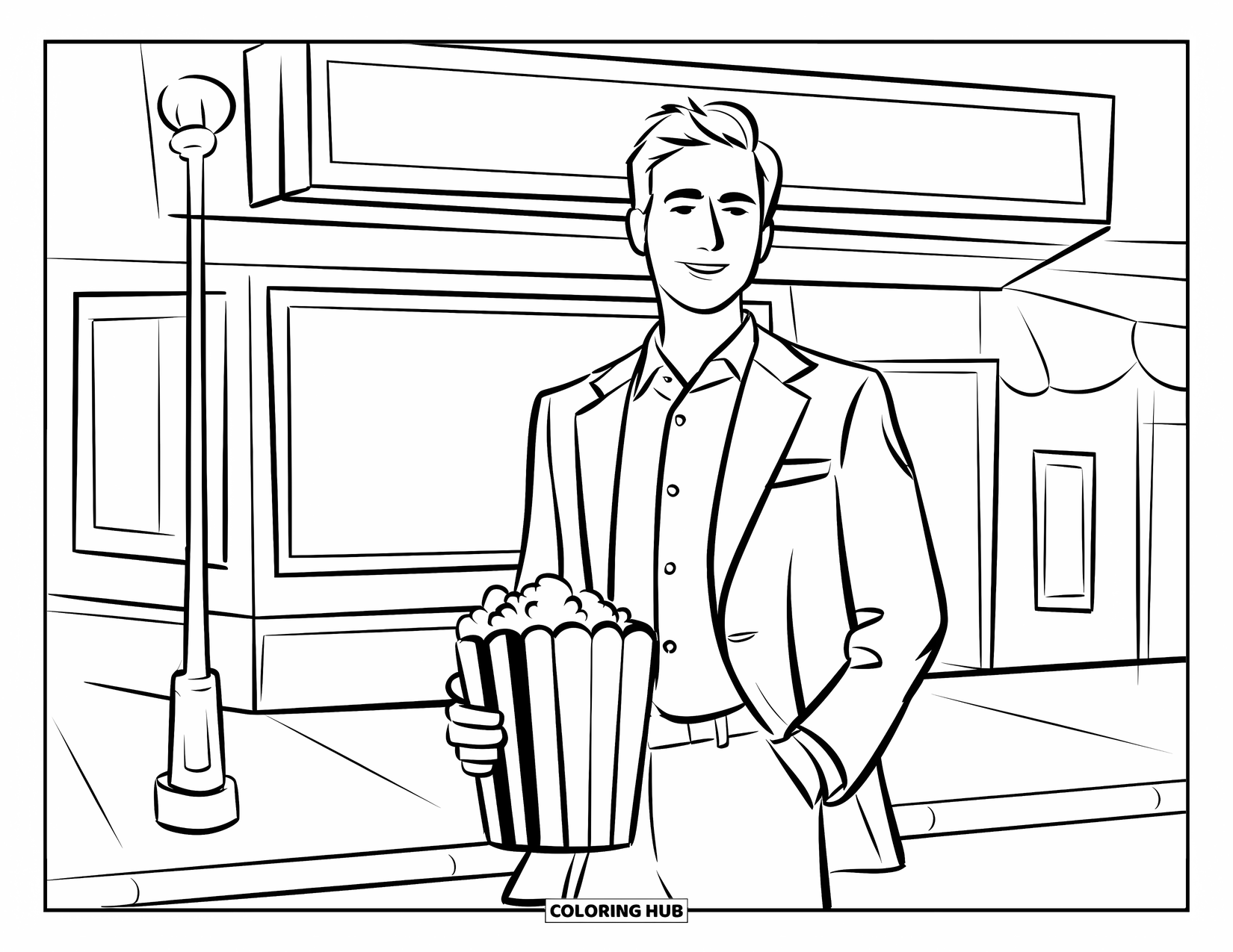 Boyfriend Coloring Page for Kids: Outside the cinema, a boy holds popcorn, ready for movie night