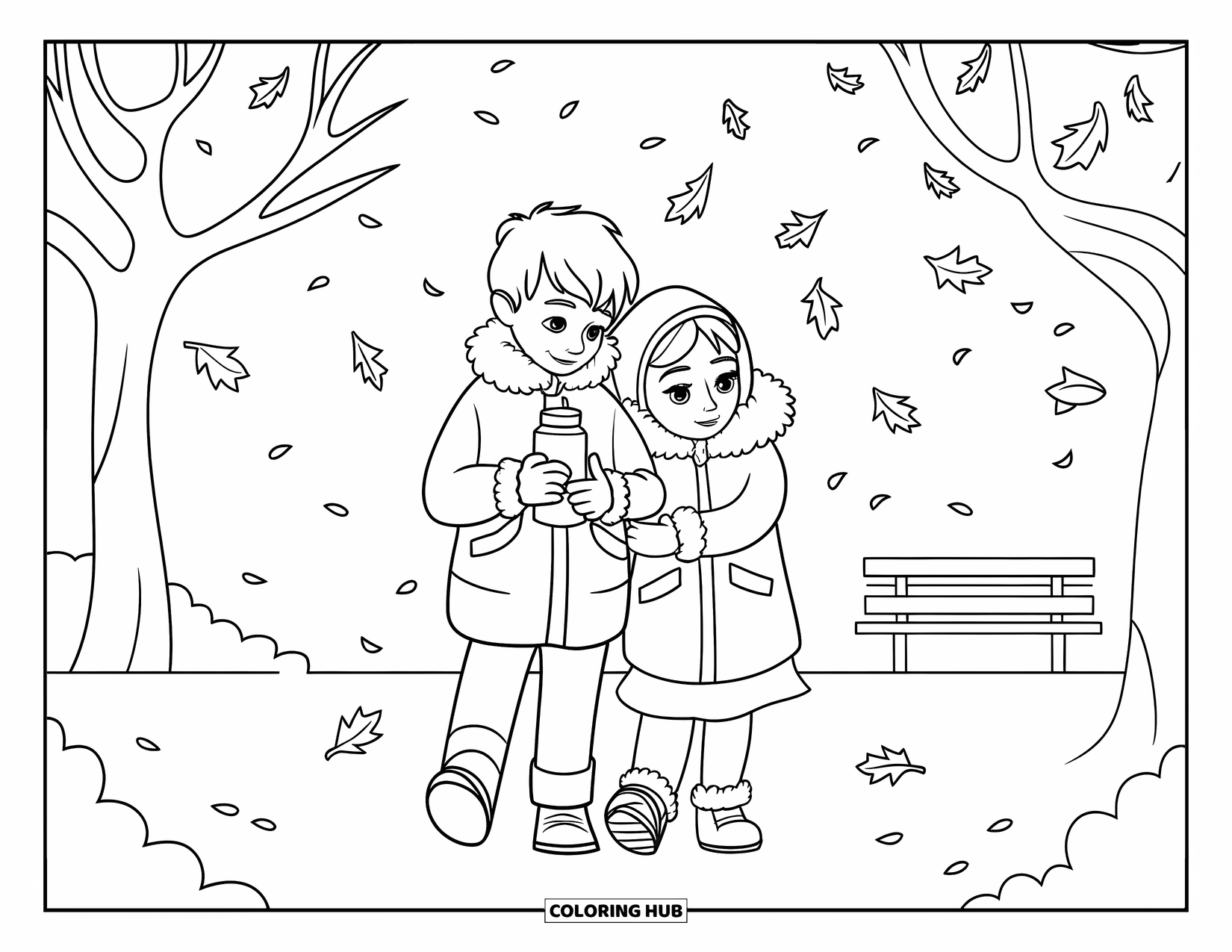 Boyfriend Coloring Page for Kids: Two teens stroll side by side under drifting autumn leaves