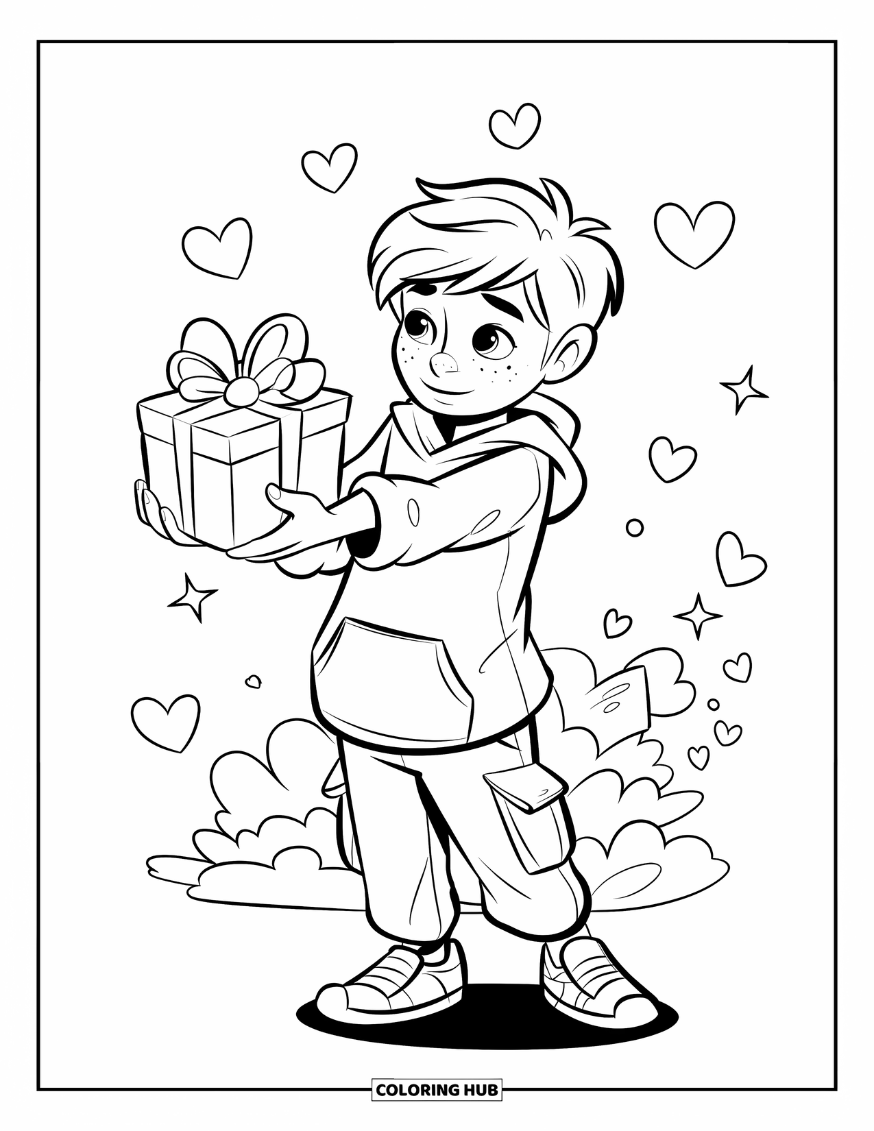 Boyfriend Coloring Page for Kids: With hearts floating around him, he gives a gift with a soft sigh