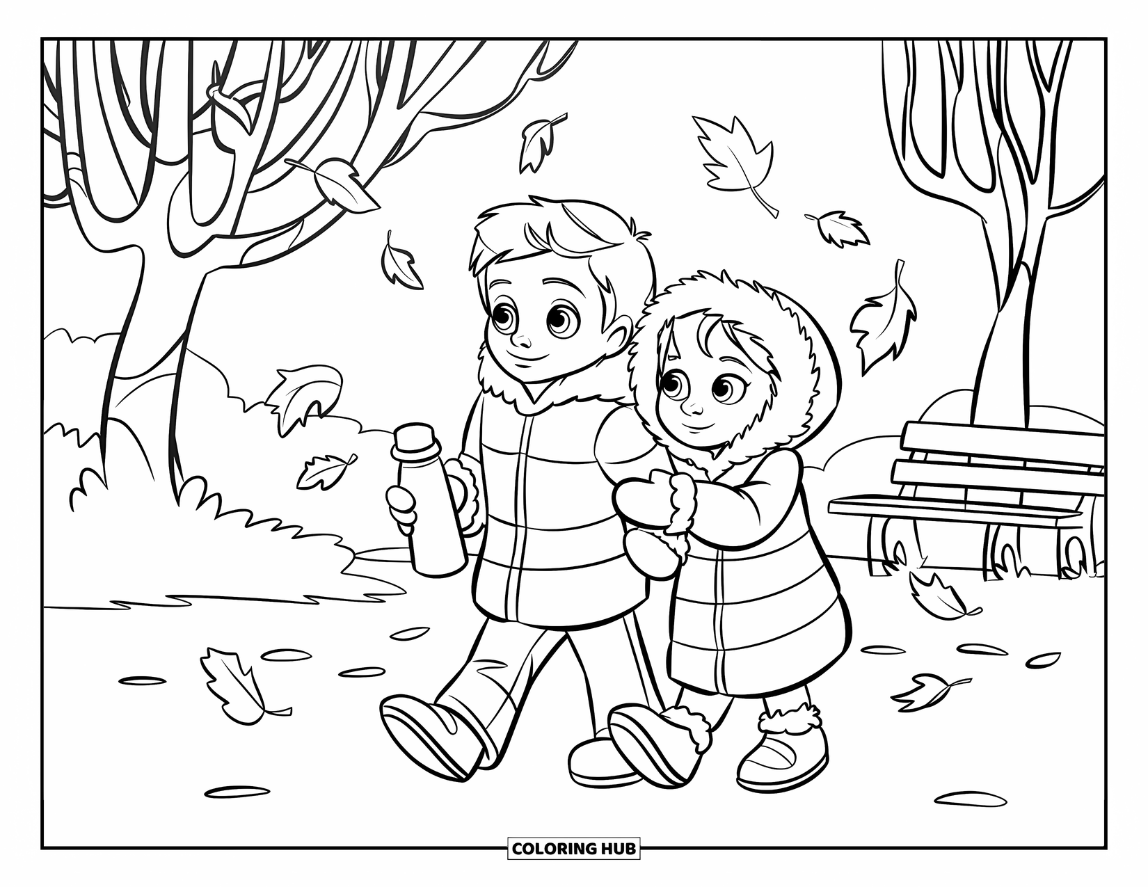 Boyfriend Coloring Page for Kids: Wrapped in fuzzy hoods, they walk together through a breezy park
