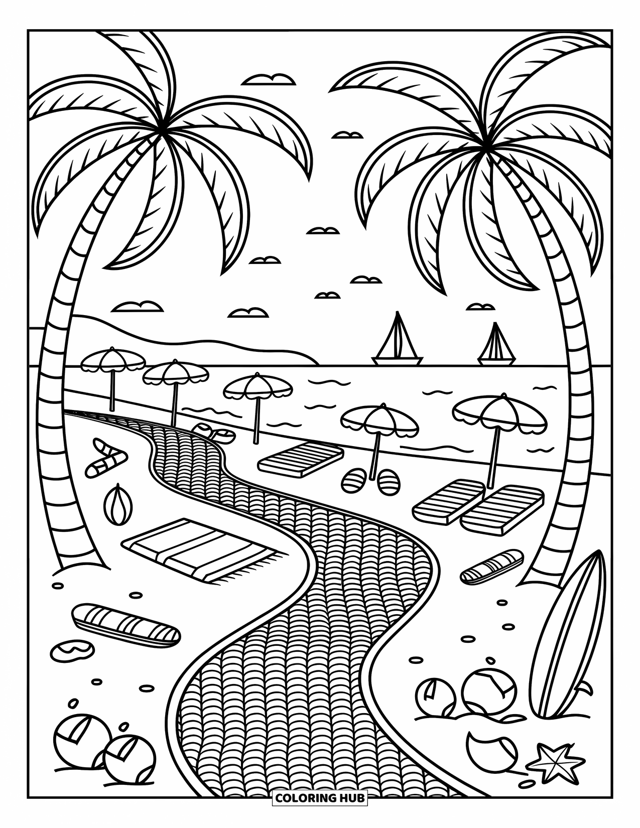 Brazil Coloring Page for Adults: A bright beach view framed by palm trees and calm waters