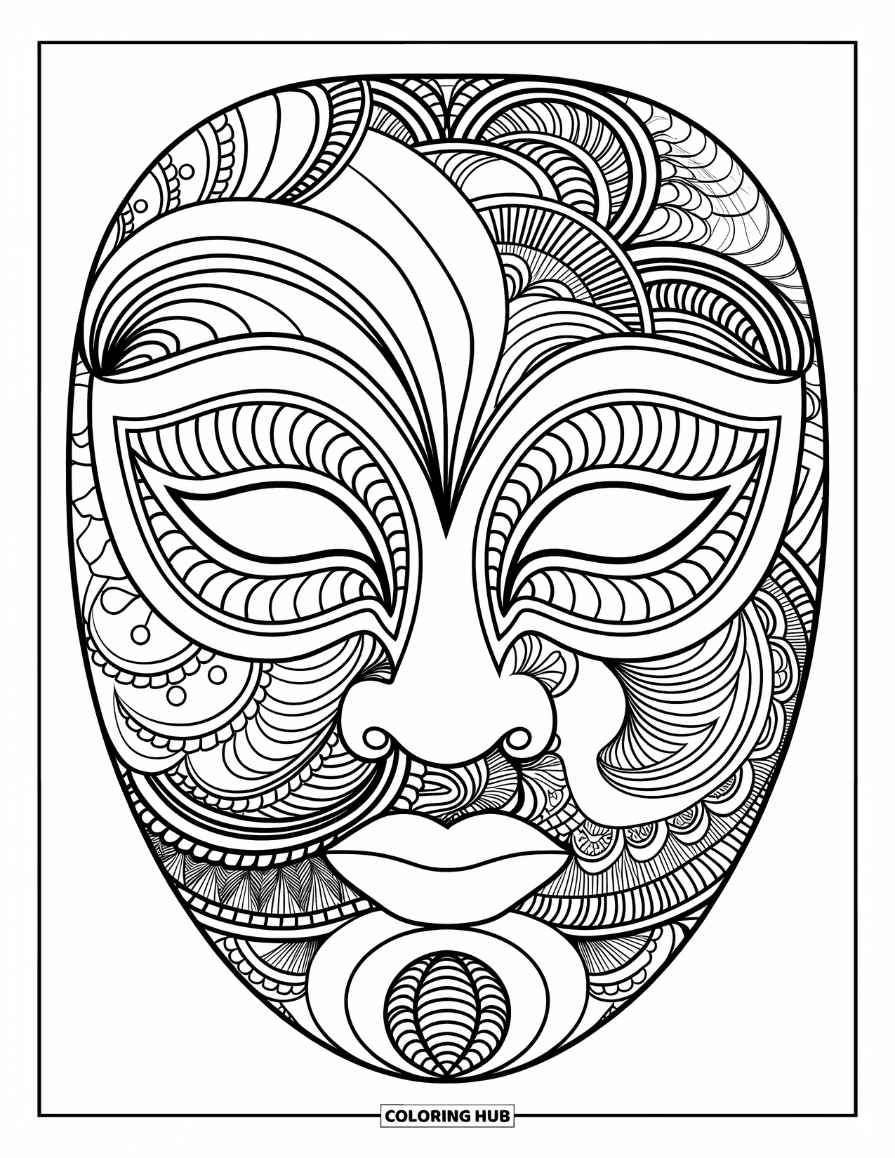 Brazil Coloring Page for Adults: A carnival mask filled with swirling mandala-style patterns