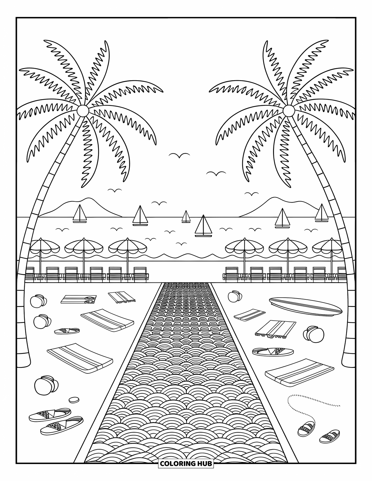 Brazil Coloring Page for Adults: A cozy tropical shore with towels, surfboards, and sand