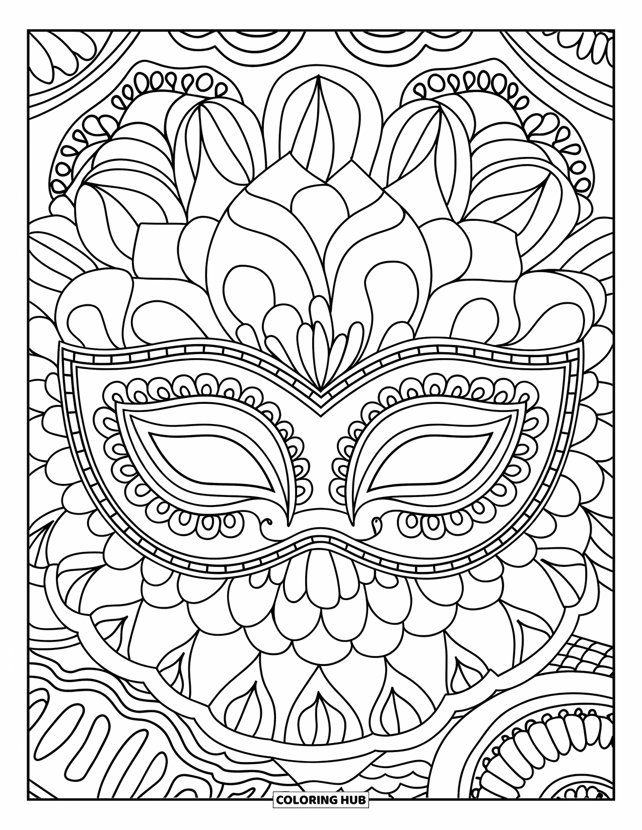 Brazil Coloring Page for Adults: A decorative mask with elegant mandala and border patterns