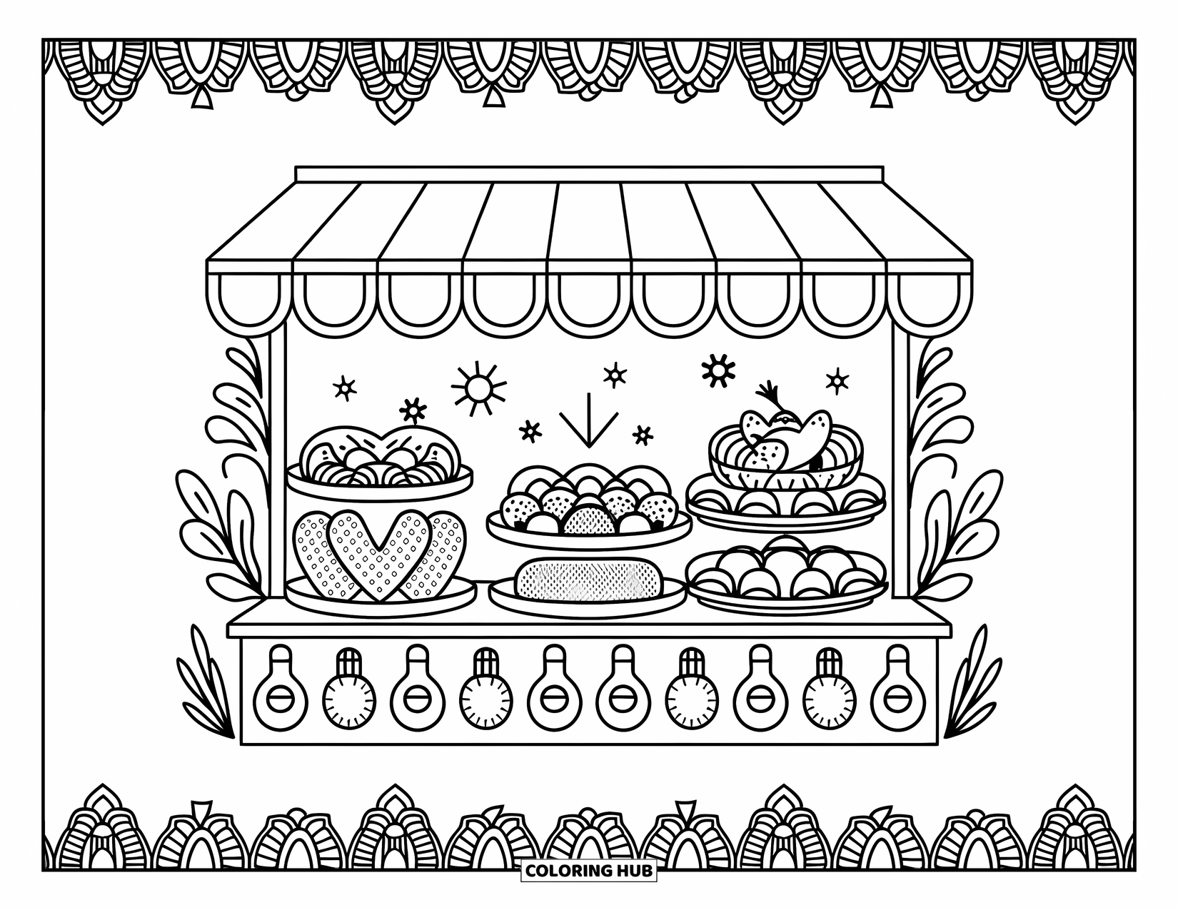 Brazil Coloring Page for Adults: A festive food stand with tasty Brazilian treats and cheerful decorations