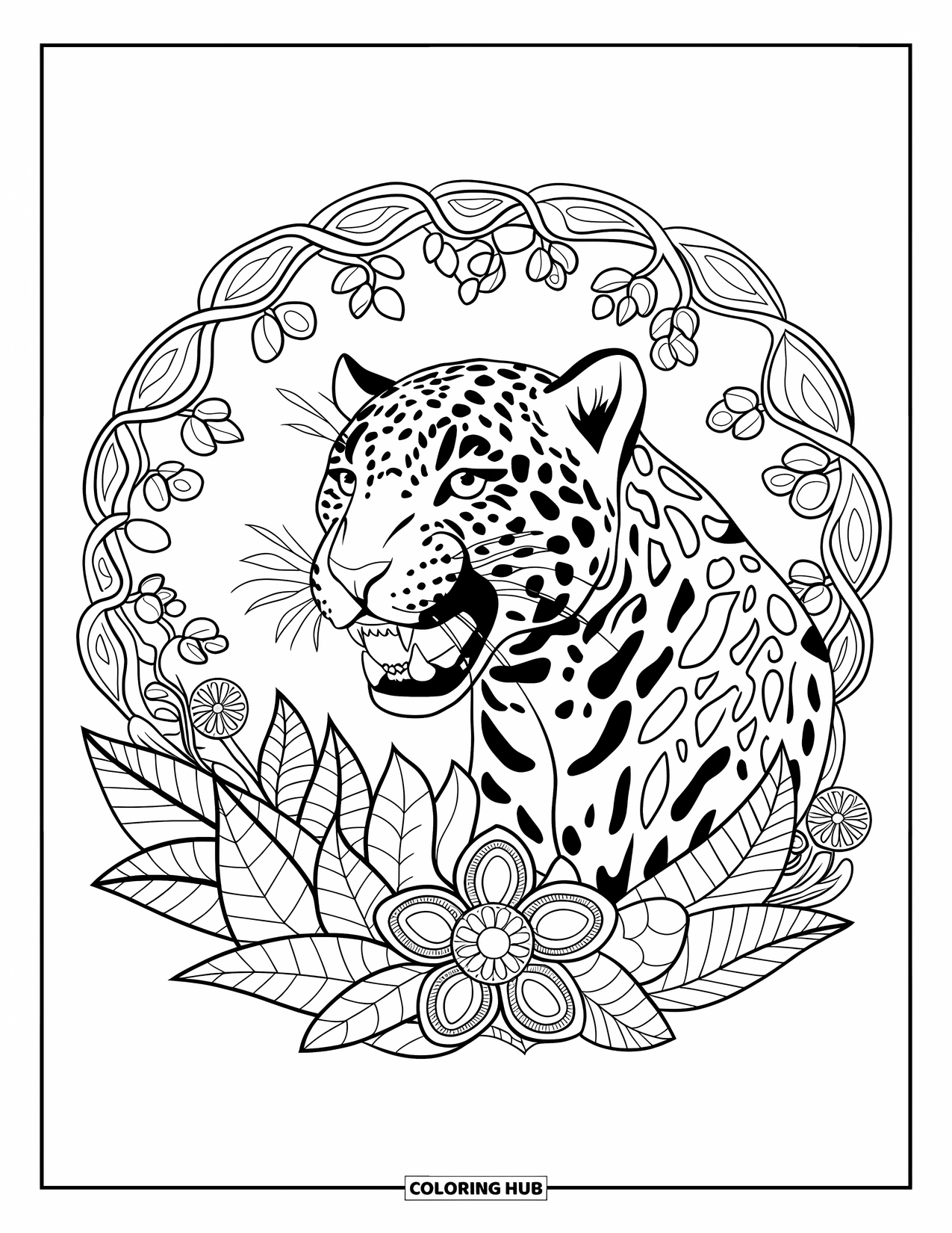 Brazil Coloring Page for Adults: A fierce jaguar framed by leaves and vines in a circular design