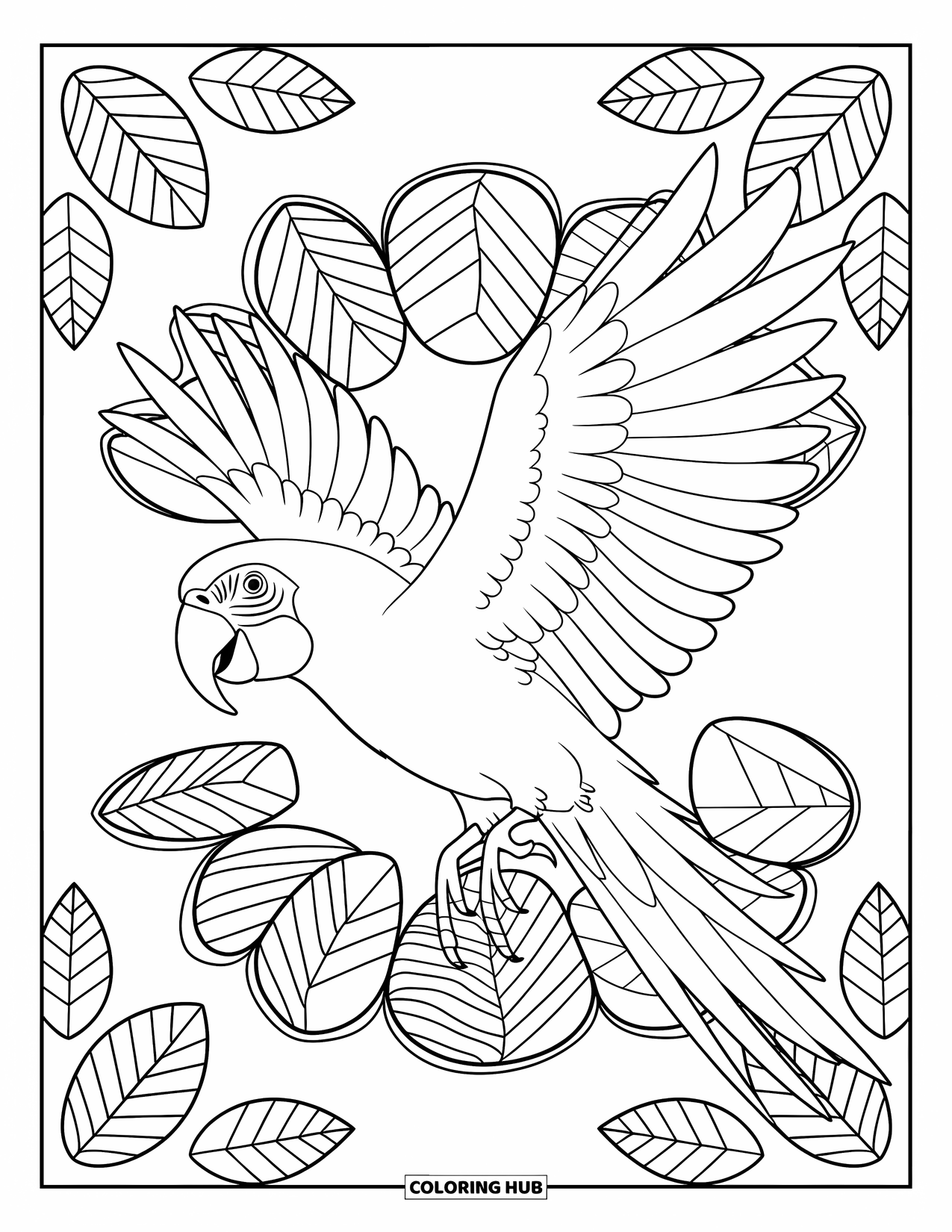Brazil Coloring Page for Adults: A macaw soars through a mandala of tropical leaves