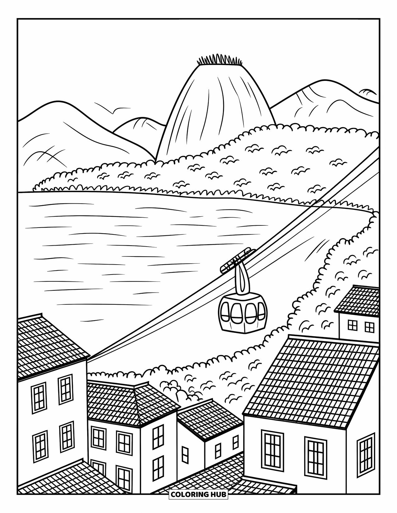 Brazil Coloring Page for Adults: A mountain view with ocean waves and charming city rooftops