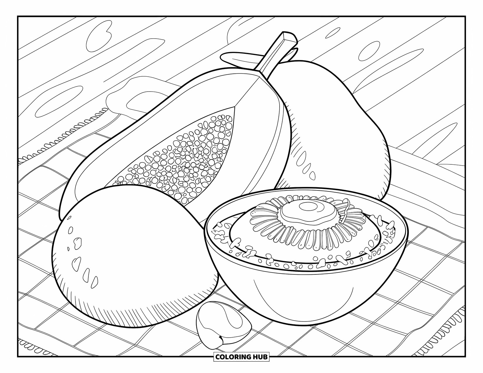 Brazil Coloring Page for Adults: A papaya, mango, and açaí bowl arranged on a patterned tablecloth